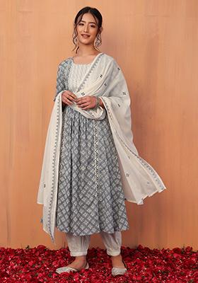 Grey Printed Cotton Kurta With Pants And Dupatta (Set of 3)