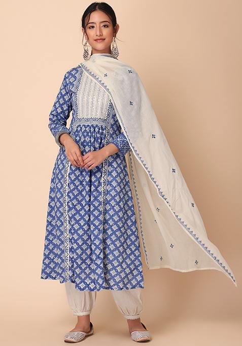 Dark Blue Printed Gillet with Sleeveless kurta and Parallel Pants