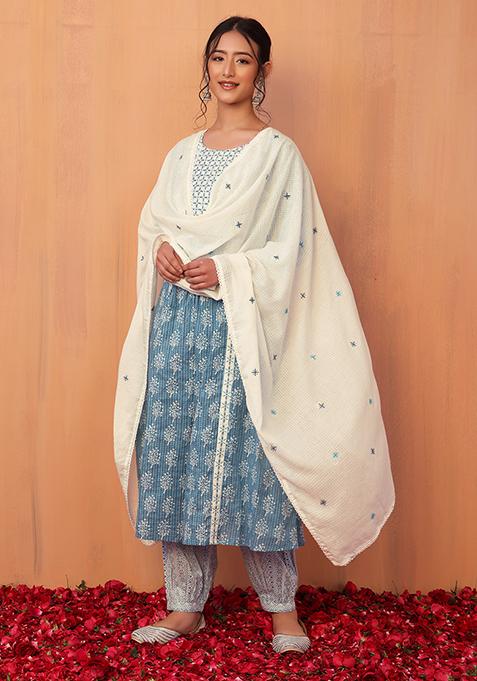 Light Blue Printed Cotton Kurta With Pants And Dupatta (Set of 3)
