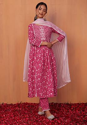 Hot Pink Floral Print Cotton Kurta With Pants And Dupatta (Set of 3)