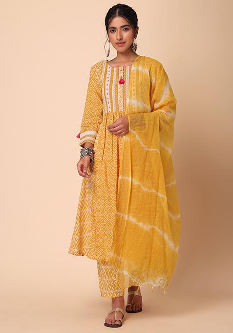 Buy Women Yellow Bandhani Print A-Line Kurta With Pants And Dupatta ...