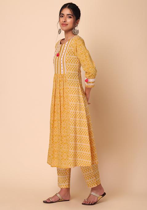 Yellow Color Bandhani Embroidered Art Silk A-Line Kurta With Trousers And Dupatta