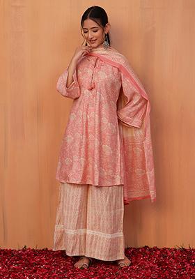 Peach Floral Jaal Print Muslin Anarkali Kurta With Pants And Dupatta (Set of 3)