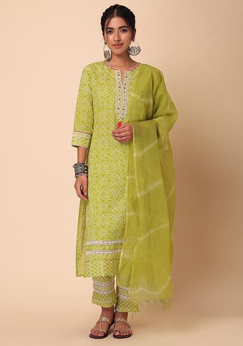Plus Size Green Leheriya Cotton Gota Patti  Straight Kurta main image 1