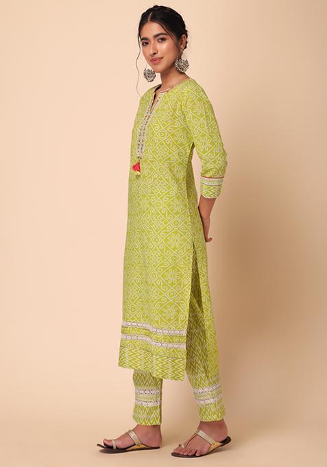 Plus Size Green Leheriya Cotton Gota Patti  Straight Kurta
