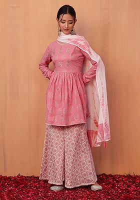 Light Pink Foil Print Cotton Short Kurta With Sharara And Dupatta (Set of 3)