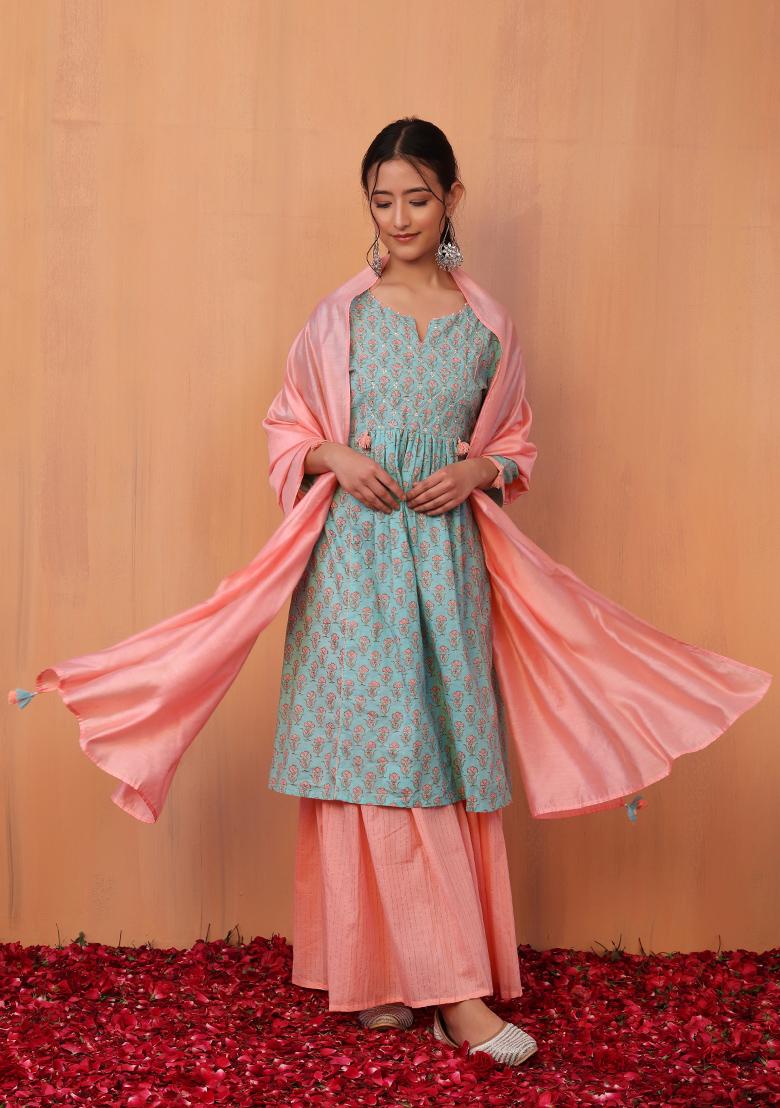 Turquoise Blue Floral Cotton Anarkali Kurta Pant Set with Dupatta