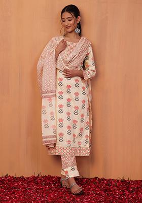 Ivory Floral Boota Print Cotton Kurta With Pants And Dupatta (Set of 3)