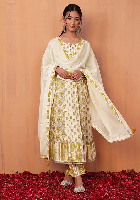 Ivory And Yellow Printed Cotton Anarkali Kurta With Pants And Dupatta (Set of 3)
