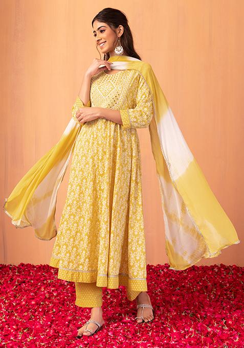 Mustard Yellow Floral Print Cotton Anarkali Kurta With Pants And Dupatta (Set of 3)