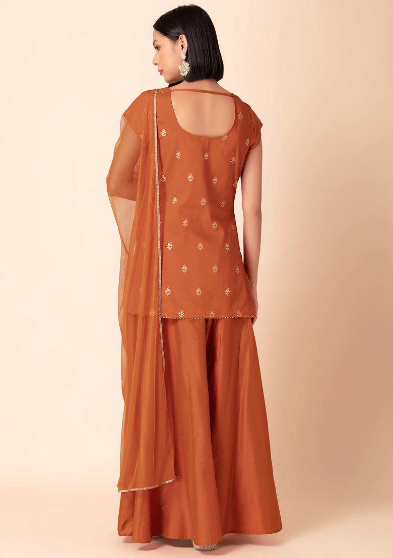 Orange Sharara With Foil Print Kurta And Dupatta (Set of 3)
