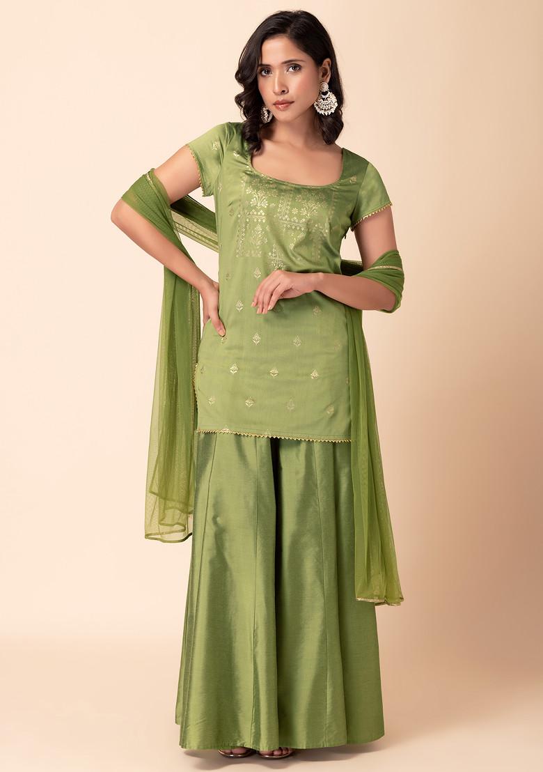 Olive Green Sharara With Foil Print Kurta And Dupatta (Set of 3)