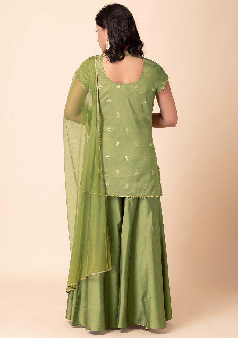 Olive Green Sharara With Foil Print Kurta And Dupatta (Set of 3)