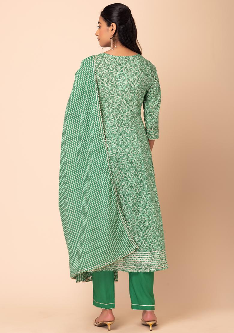 Green Floral Print Cotton Anarkali Kurta With Pants And Printed Dupatta (Set of 3) - Indya