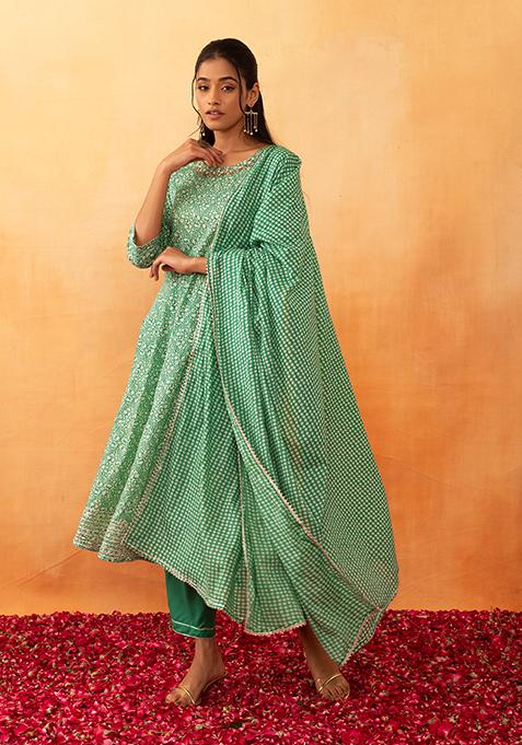 Green Floral Print Cotton Anarkali Kurta With Pants And Printed Dupatta (Set of 3)