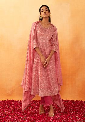 Peach Embroidered Yoke Cotton Anarkali Kurta With Pants And Dupatta (Set of 3)