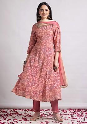 Dusty Pink Foil Print Muslin Anarkali Kurta With Pants And Dupatta (Set of 3)