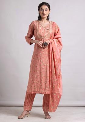 Peach Embroidered Yoke Muslin Kurta With Pants And Dupatta (Set of 3)