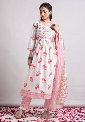 White And Pink Floral Print Cotton Anarkali Kurta With Pants And Dupatta (Set of 3)
