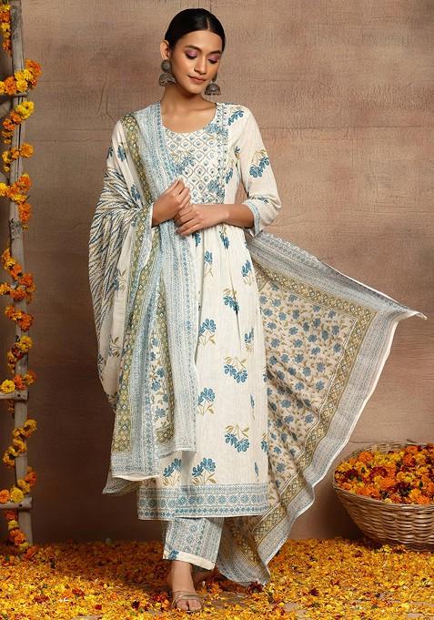 White And Blue Floral Print Cotton Anarkali Kurta With Pants And Dupatta (Set of 3)
