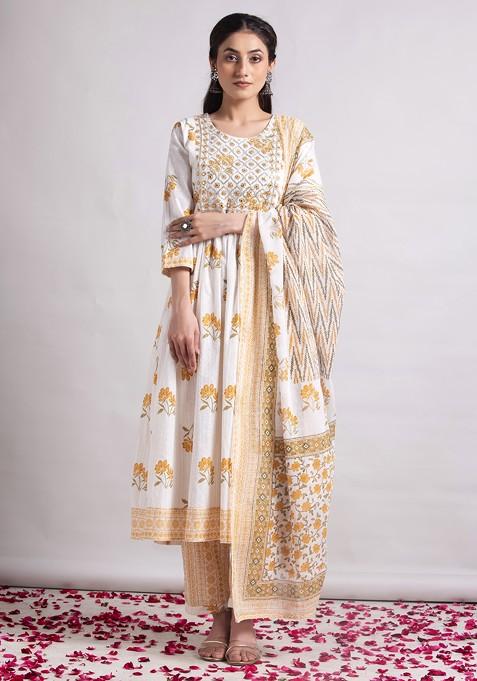 White And Mustard Floral Print Cotton Anarkali Kurta With Pants And Dupatta (Set of 3)