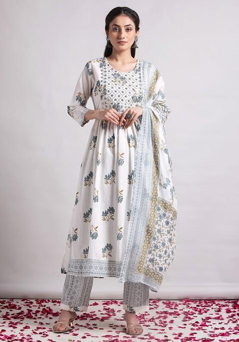 White And Grey Floral Print Cotton Anarkali Kurta With Pants And Dupatta (Set of 3)