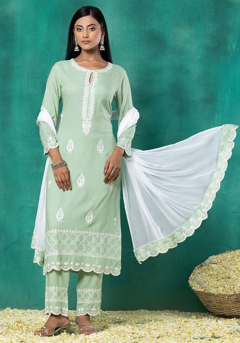 Light  Green Thread Embroidered Rayon Kurta With Pants And Dupatta (Set of 3)