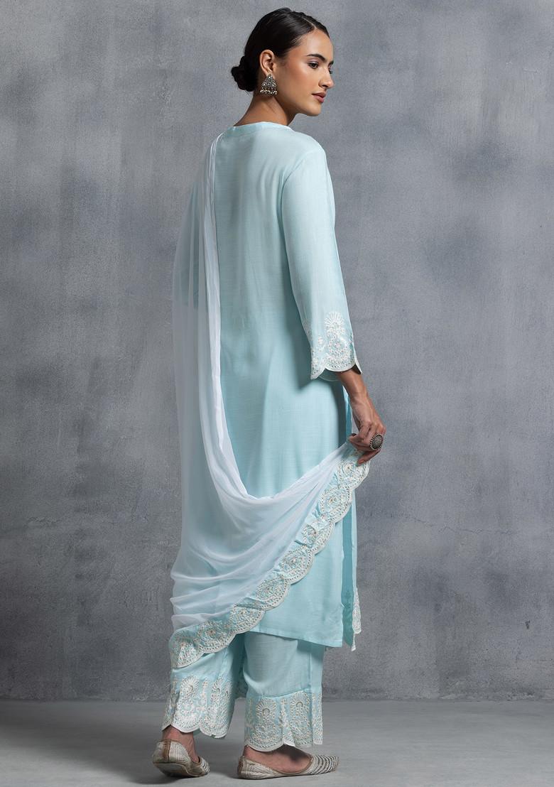 Pastel Blue Thread Embroidered Rayon Kurta With Pants And Dupatta (Set of 3)