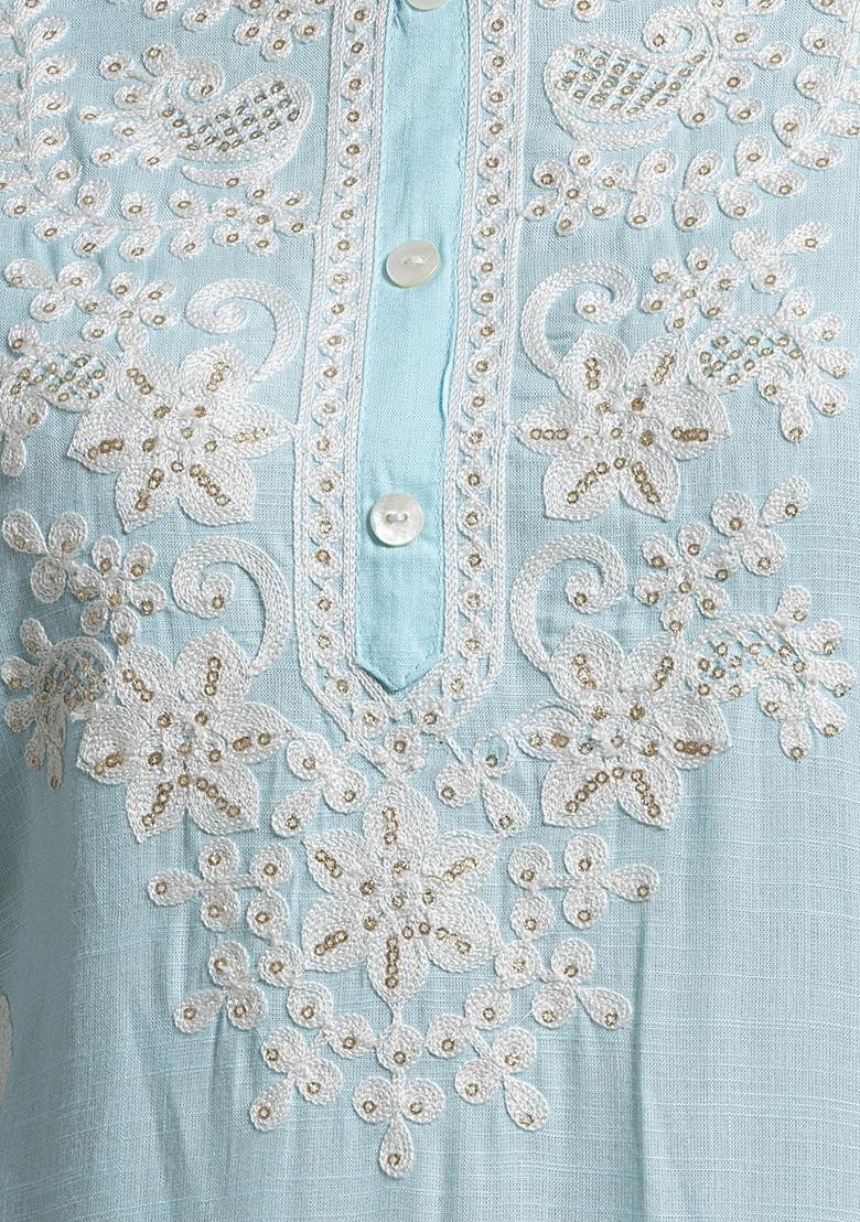 Pastel Blue Thread Embroidered Rayon Kurta With Pants And Dupatta (Set of 3)