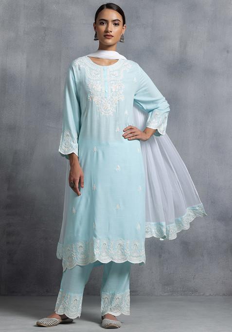 Pastel Blue Thread Embroidered Rayon Kurta With Pants And Dupatta (Set of 3)