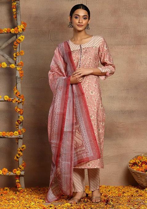Light Pink Floral Print Embroidered Muslin Kurta With Pants And Dupatta (Set of 3)