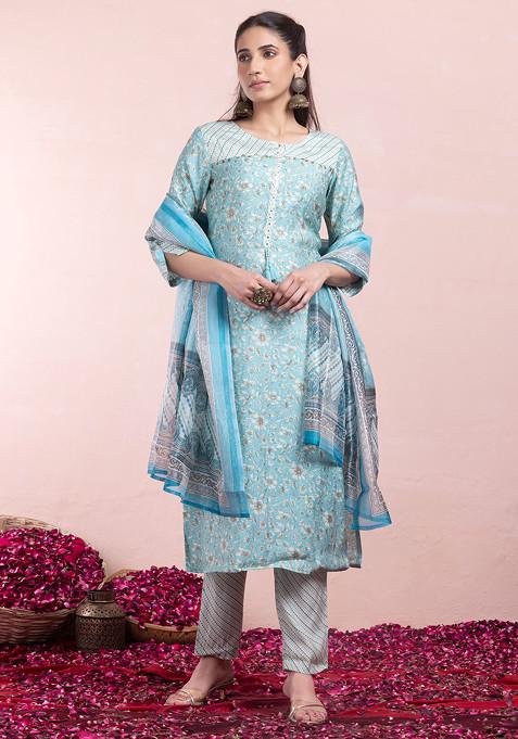 Light Blue Floral Print Embroidered Muslin Kurta With Pants And Dupatta (Set of 3)