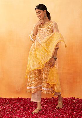 Yellow Ikat Print Cotton Kurta With Pants And Dupatta (Set of 3)