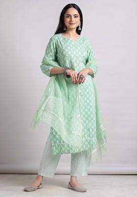 Light Green Boota Print Cotton Kurta With Pants And Dupatta (Set of 3)