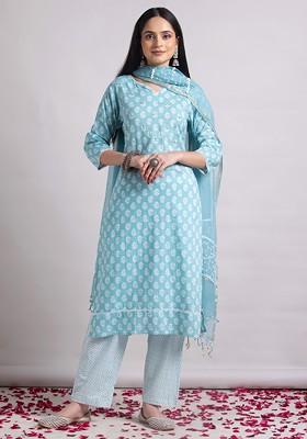 Light Blue Boota Print Cotton Kurta With Pants And Dupatta (Set of 3)