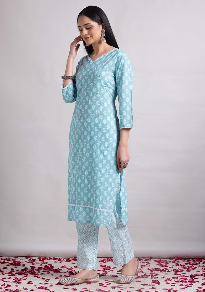 Light Blue Boota Print Cotton Kurta With Pants And Dupatta (Set of 3)