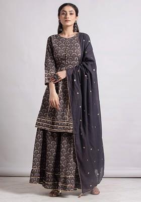 Brown Block Print Cotton Sharara With Kurta And Dupatta (Set of 3)