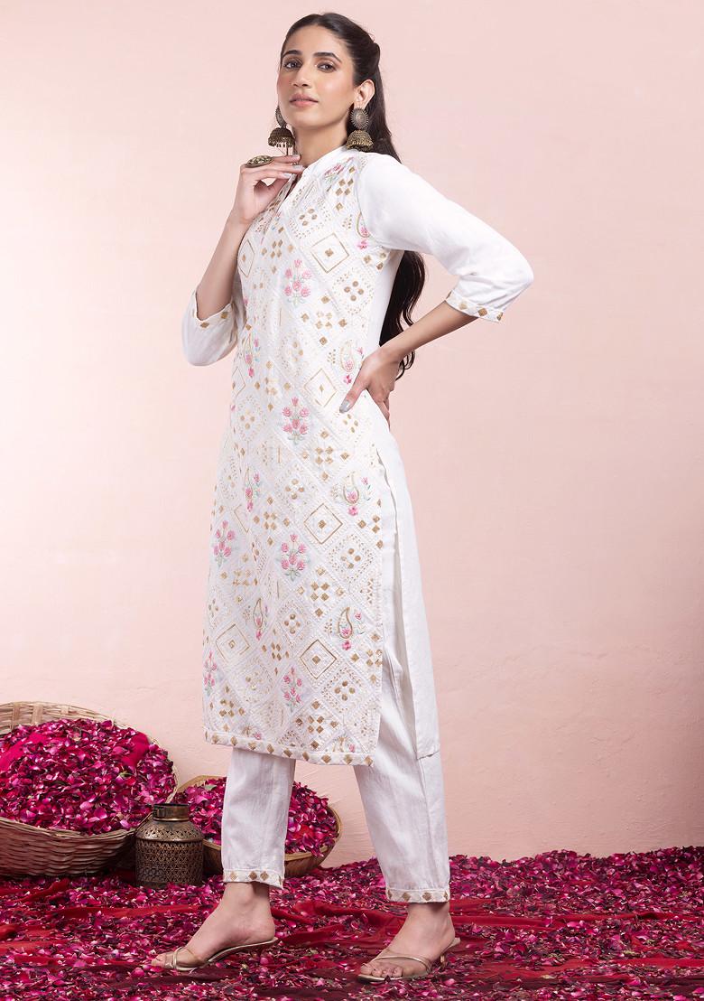 White Floral Embroidered Cotton Kurta With Pants And Dupatta (Set of 3)
