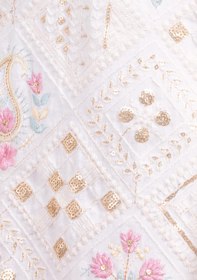 White Floral Embroidered Cotton Kurta With Pants And Dupatta (Set of 3)