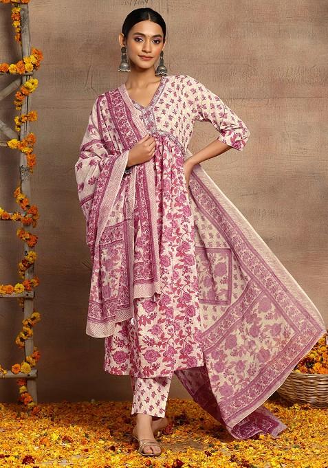Ivory And Pink Floral Print Cotton Kurta With Pants And Dupatta (Set of 3)