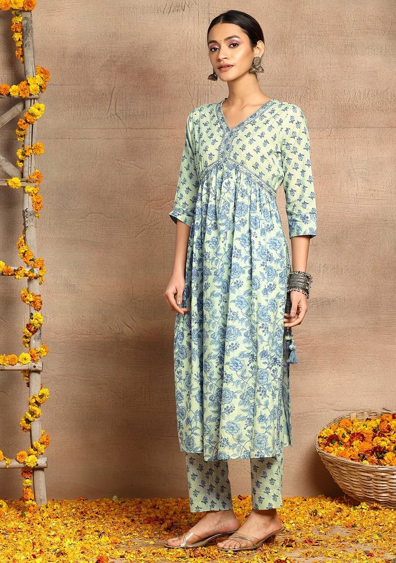 Light Blue Floral Print Cotton Kurta With Pants And Dupatta (Set of 3)