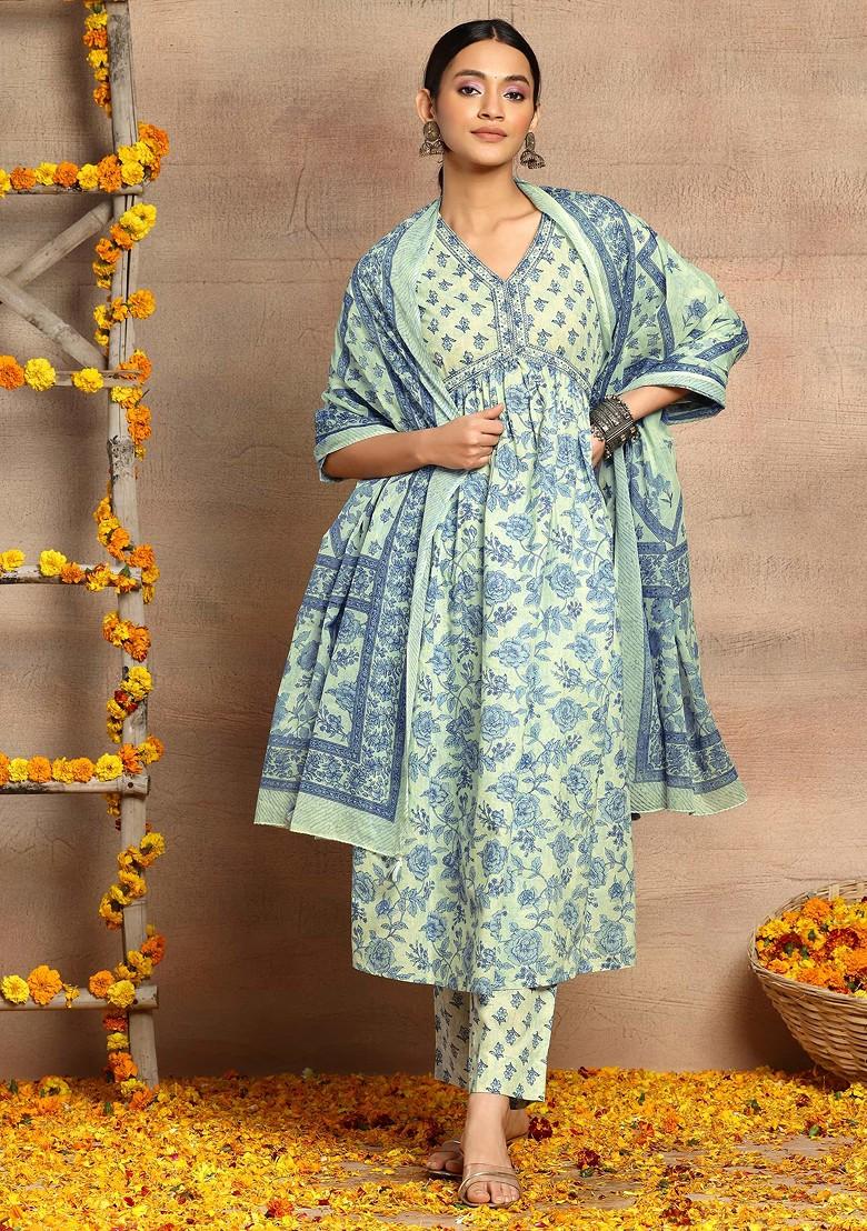 Light Blue Floral Print Cotton Kurta With Pants And Dupatta (Set of 3)