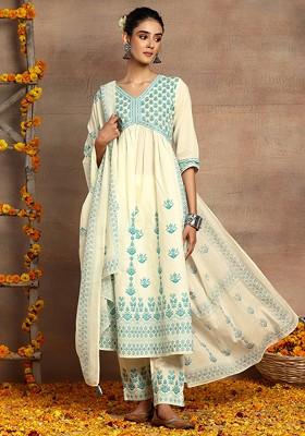 Ivory And Blue Floral Print Cotton Kurta With Pants And Dupatta (Set of 3)