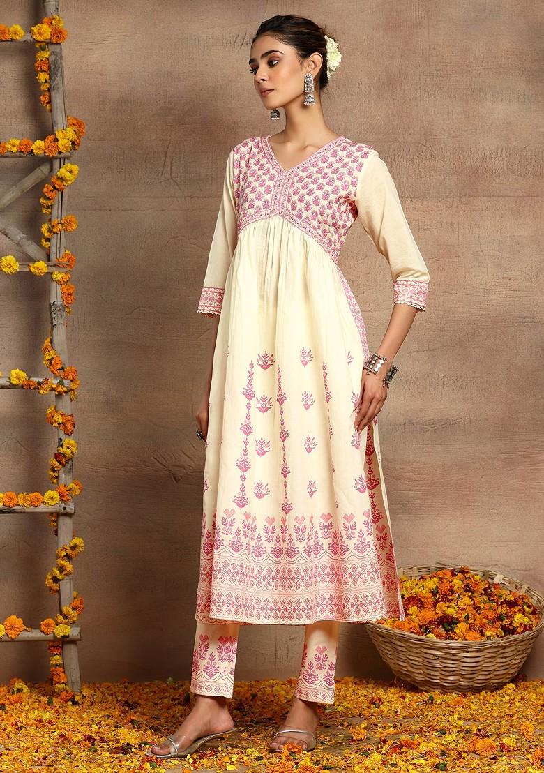 Ivory And Pink Boota Print Cotton Kurta With Pants And Dupatta (Set of 3)