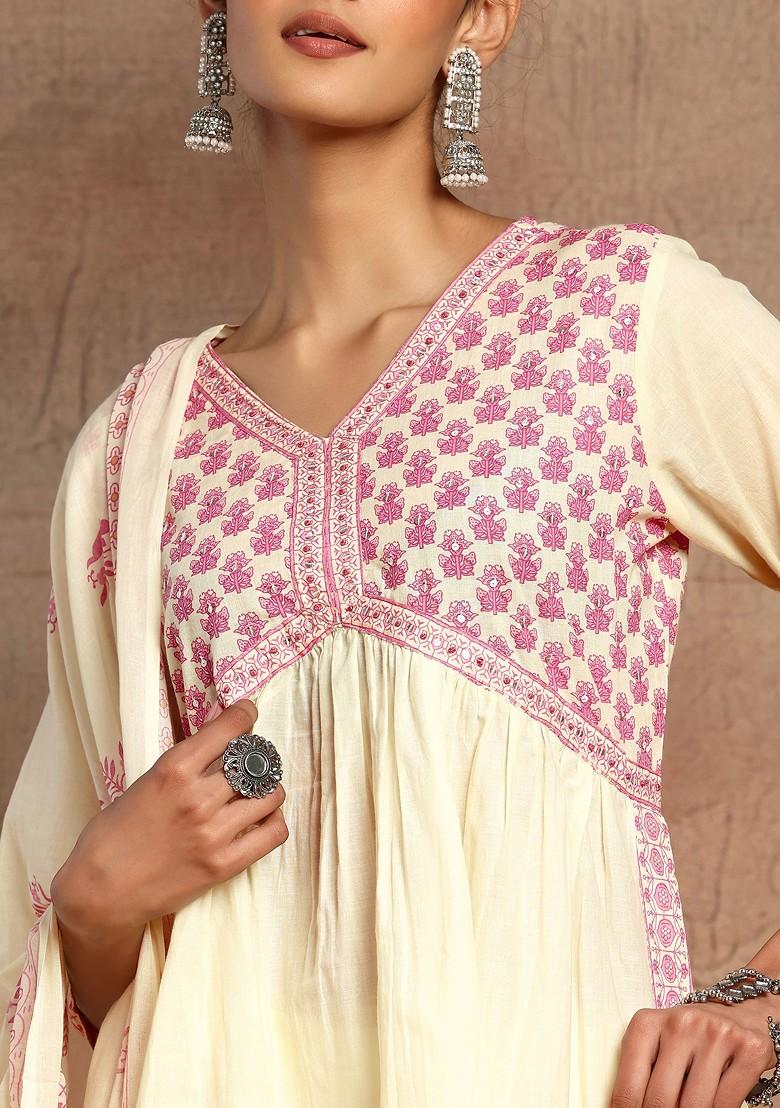 Ivory And Pink Boota Print Cotton Kurta With Pants And Dupatta (Set of 3)