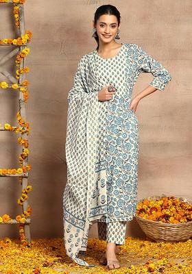 Blue Floral Print Cotton Kurta With Pants And Dupatta (Set of 3)