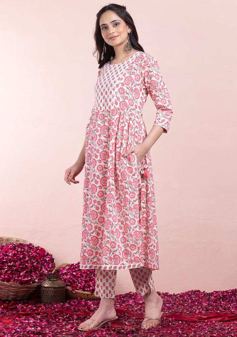Light Pink Floral Print Cotton Kurta With Pants And Dupatta (Set of 3)