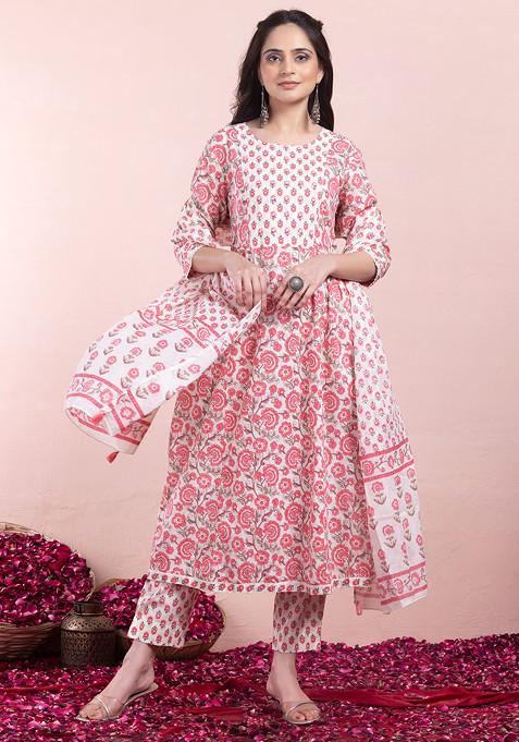 Light Pink Floral Print Cotton Kurta With Pants And Dupatta (Set of 3)