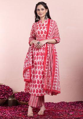 Pink Boota Print Cotton Kurta With Pants And Dupatta (Set of 3)