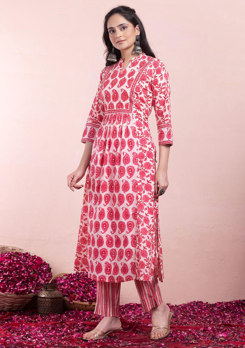 Pink Boota Print Cotton Kurta With Pants And Dupatta (Set of 3)